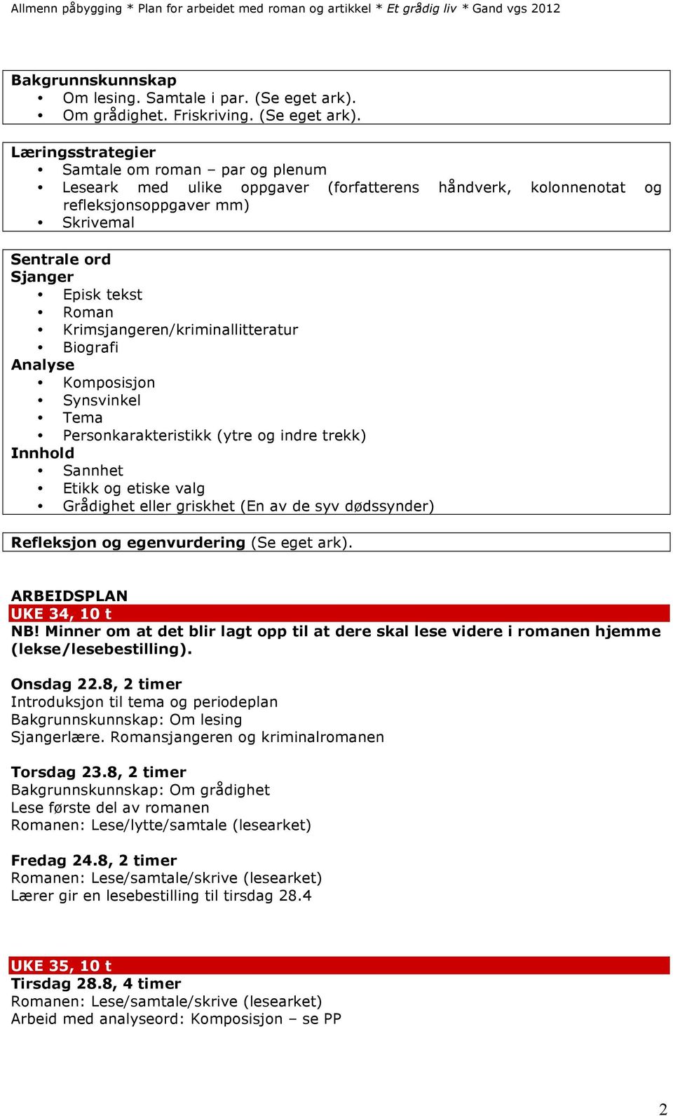 Læringsstrategier Samtale om roman par og plenum Leseark med ulike oppgaver (forfatterens håndverk, kolonnenotat og refleksjonsoppgaver mm) Skrivemal Sentrale ord Sjanger Episk tekst Roman