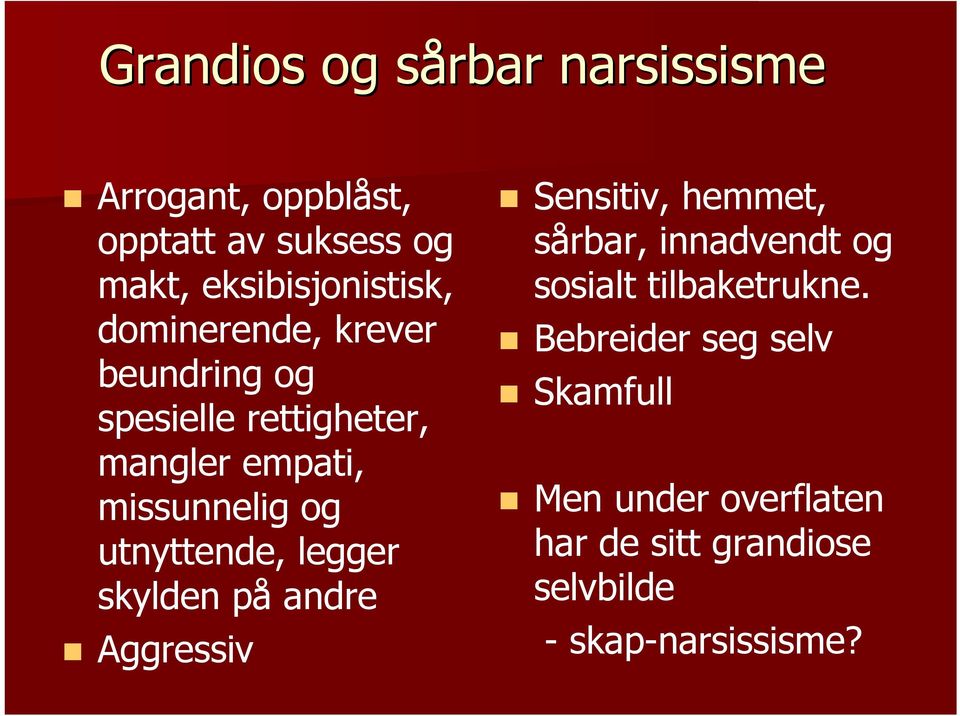 legger skylden på andre Aggressiv Sensitiv, hemmet, sårbar, innadvendt og sosialt tilbaketrukne.