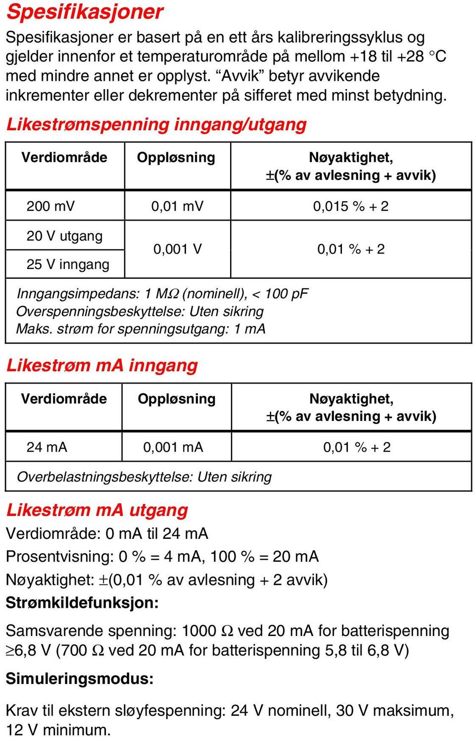 Likestrømspenning inngang/utgang Verdiområde Oppløsning Nøyaktighet, ±(% av avlesning + avvik) 200 mv 0,01 mv 0,015 % + 2 20 V utgang 25 V inngang 0,001 V 0,01 % + 2 Inngangsimpedans: 1 MΩ