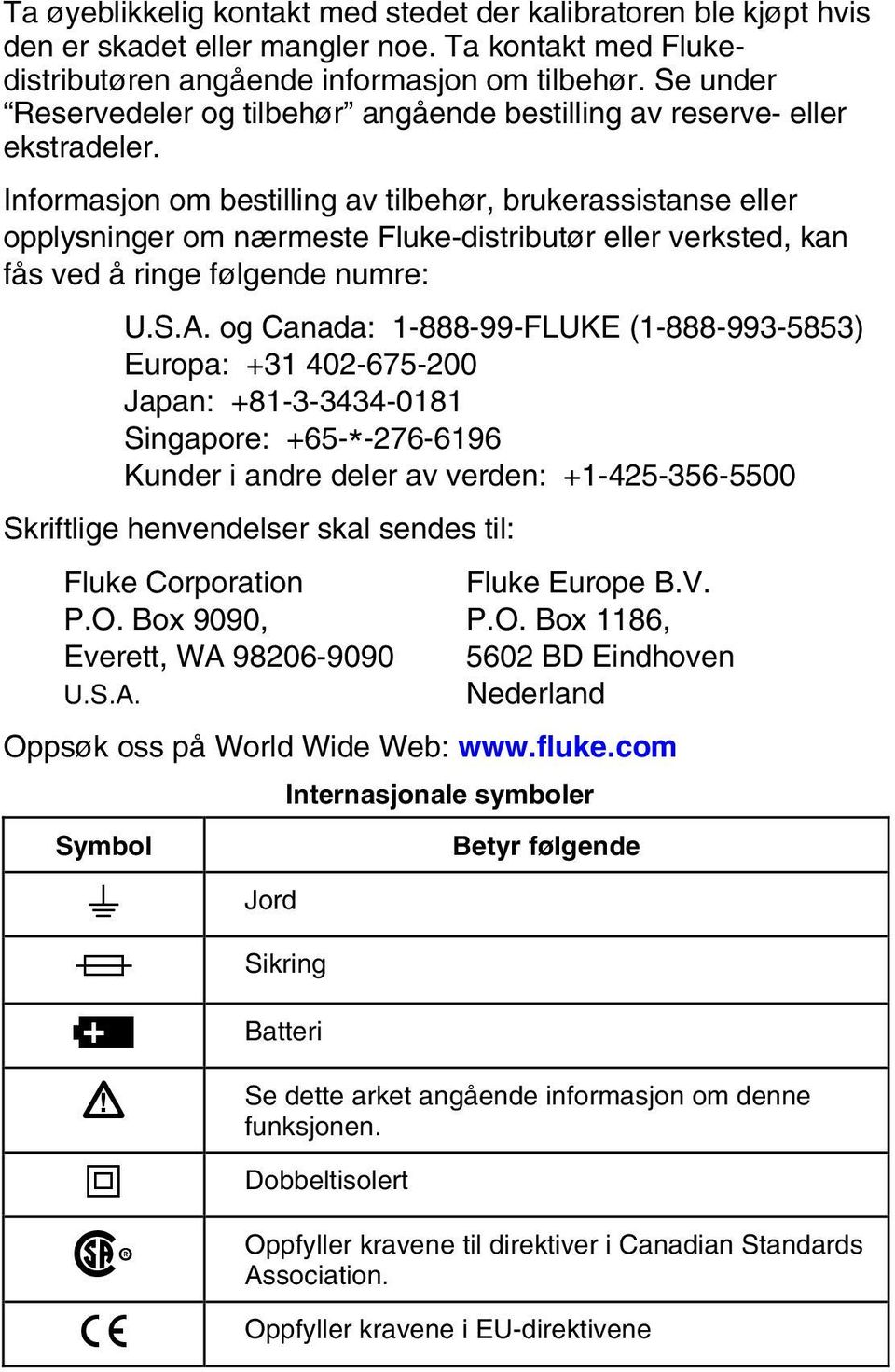 Informasjon om bestilling av tilbehør, brukerassistanse eller opplysninger om nærmeste Fluke-distributør eller verksted, kan fås ved å ringe følgende numre: U.S.A.