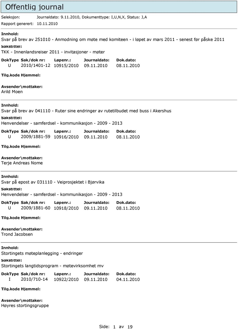 2010 Svar på brev av 251010 - Anmodning om møte med komiteen - i løpet av mars 2011 - senest før påske 2011 TKK - nnenlandsreiser 2011 - invitasjoner - møter 2010/1401-12 10915/2010 Arild Moen
