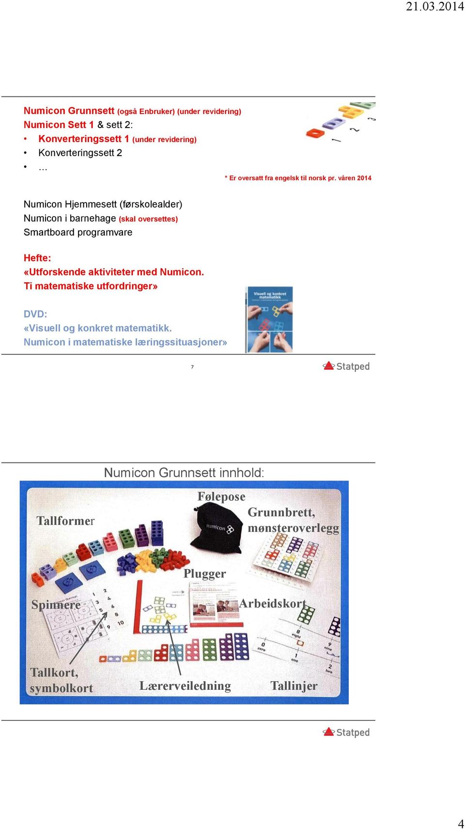 våren 2014 Numicon Hjemmesett (førskolealder) Numicon i barnehage (skal oversettes) Smartboard programvare Hefte: «Utforskende aktiviteter med Numicon.