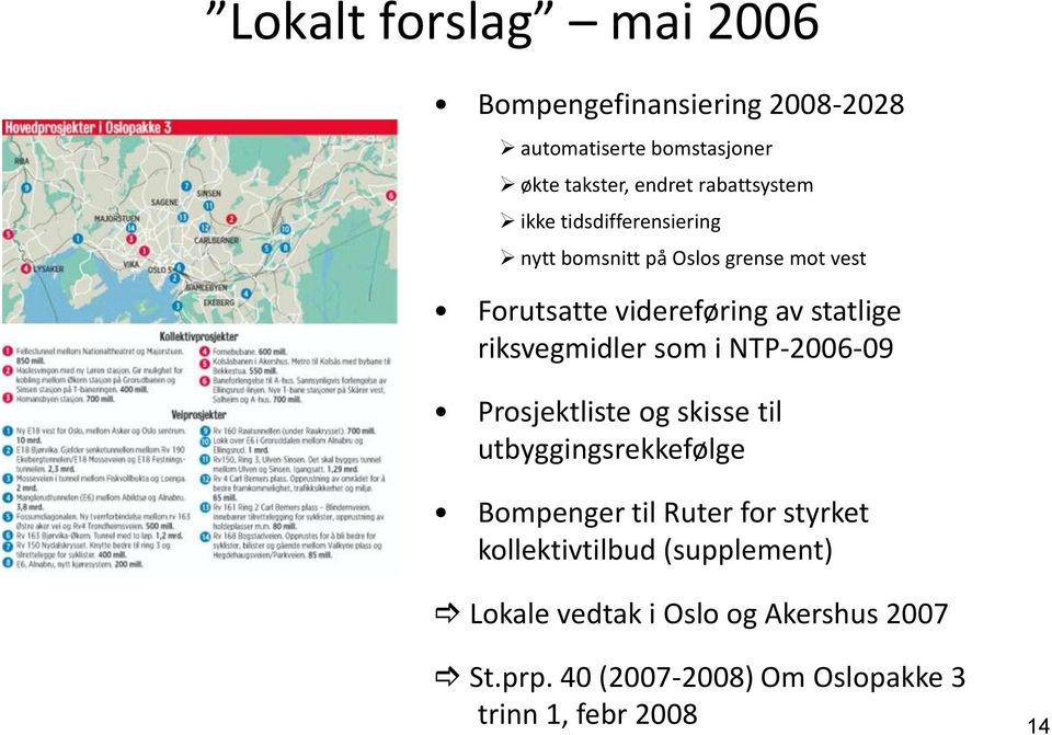 riksvegmidler som i NTP-2006-09 Prosjektliste og skisse til utbyggingsrekkefølge Bompenger til Ruter for styrket