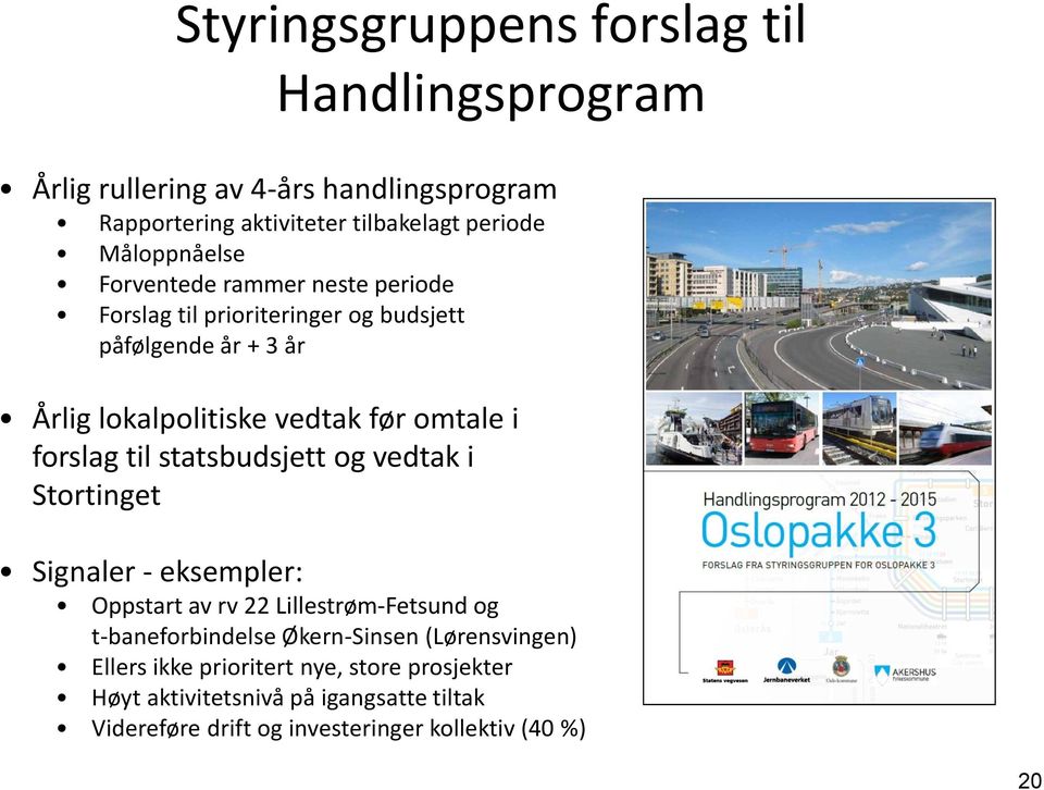 i forslag til statsbudsjett og vedtak i Stortinget Signaler - eksempler: Oppstart av rv 22 Lillestrøm-Fetsund og t-baneforbindelse Økern-Sinsen