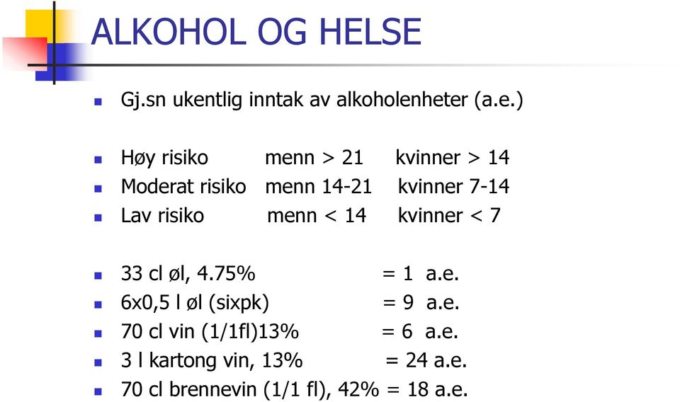 heter (a.e.) Høy risiko menn > 21 kvinner > 14 Moderat risiko menn 14-21 kvinner