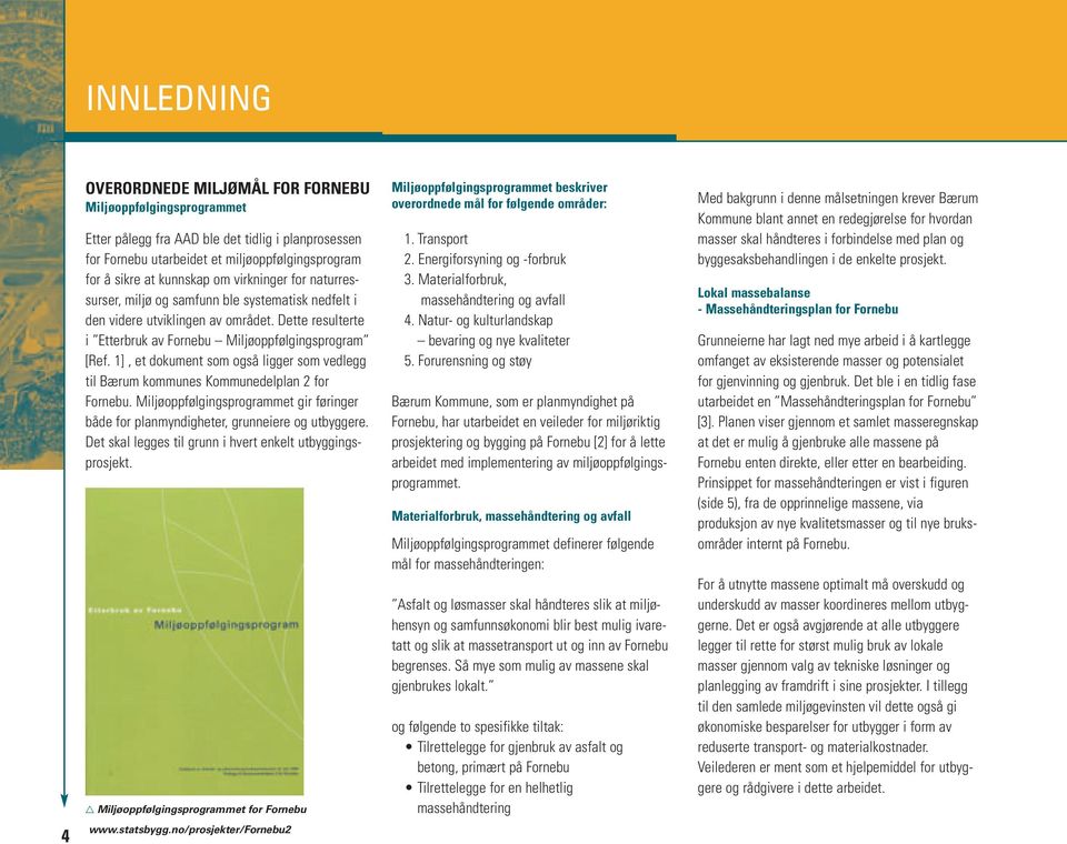 1], et dokument som også ligger som vedlegg til Bærum kommunes Kommunedelplan 2 for Fornebu. Miljøoppfølgingsprogrammet gir føringer både for planmyndigheter, grunneiere og utbyggere.