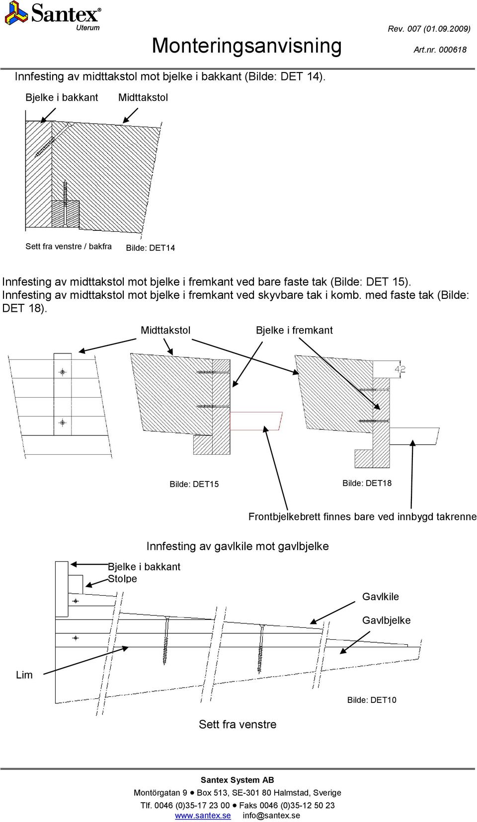 (Bilde: DET 15). Innfesting av midttakstol mot bjelke i fremkant ved skyvbare tak i komb. med faste tak (Bilde: DET 18).