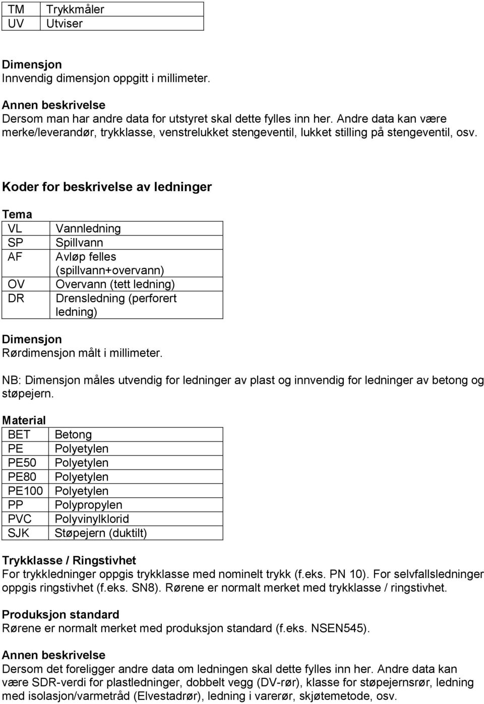 Koder for beskrivelse av ledninger Tema VL SP AF OV DR Vannledning Spillvann Avløp felles (spillvann+overvann) Overvann (tett ledning) Drensledning (perforert ledning) Dimensjon Rørdimensjon målt i