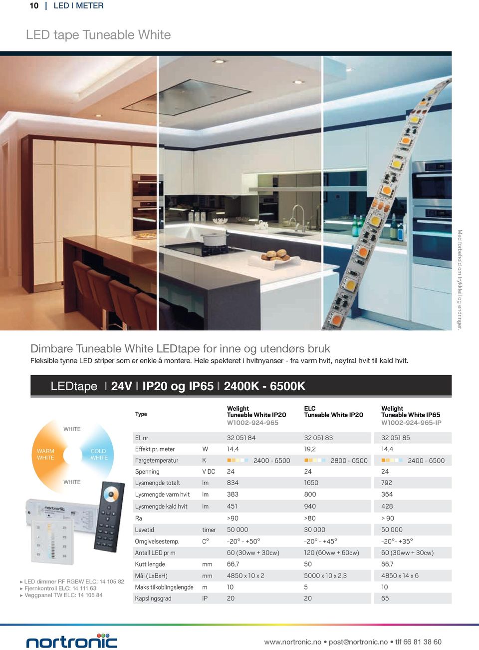 LEDtape 24V IP20 og IP65 2400K - 6500K WARM WHITE WHITE WHITE COLD WHITE LED dimmer RF RGBW ELC: 14 105 82 Fjernkontroll ELC: 14 111 63 Veggpanel TW ELC: 14 105 84 Welight Tuneable White IP20