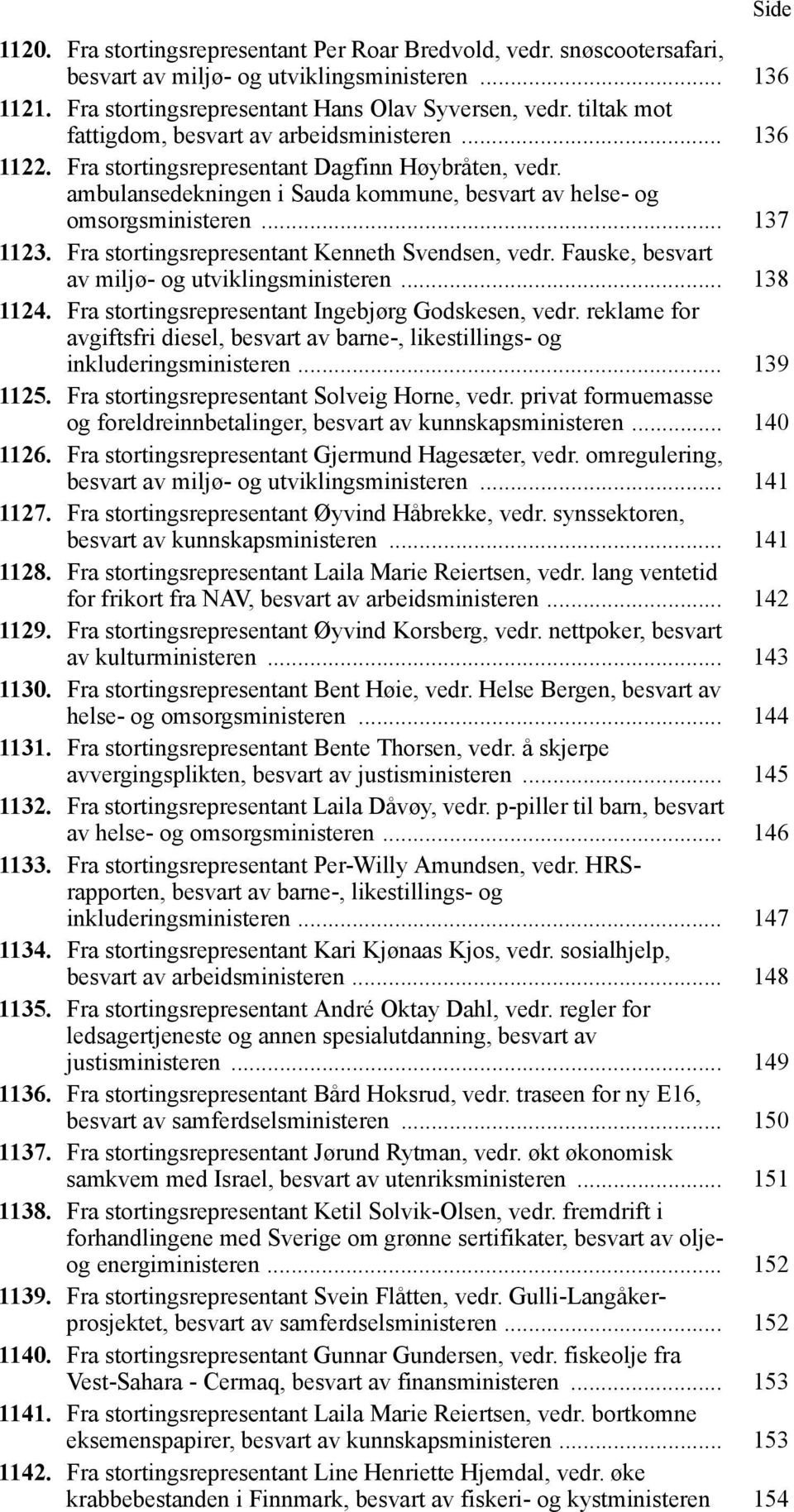 Fra stortingsrepresentant Kenneth Svendsen, vedr. Fauske, besvart av miljø- og utviklingsministeren... 138 1124. Fra stortingsrepresentant Ingebjørg Godskesen, vedr.