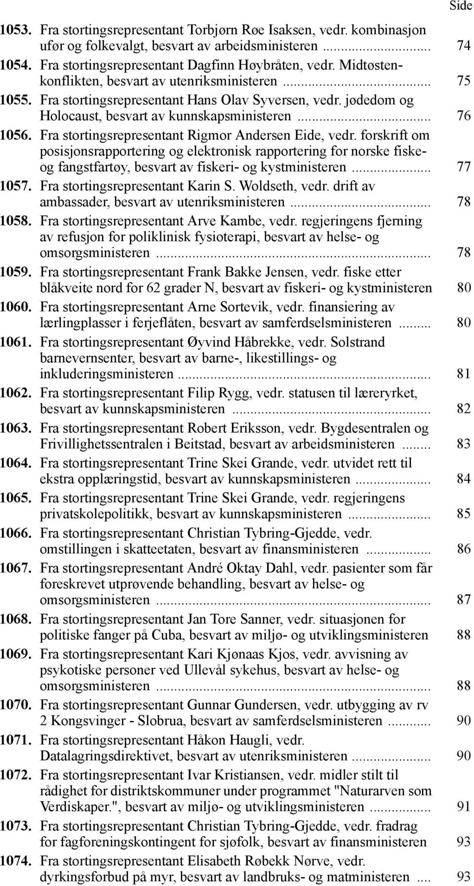 Fra stortingsrepresentant Rigmor Andersen Eide, vedr. forskrift om posisjonsrapportering og elektronisk rapportering for norske fiskeog fangstfartøy, besvart av fiskeri- og kystministeren... 77 1057.