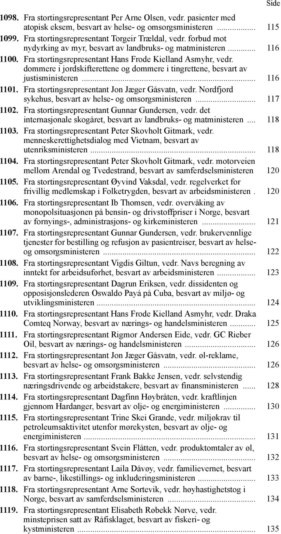 dommere i jordskifterettene og dommere i tingrettene, besvart av justisministeren... 116 1101. Fra stortingsrepresentant Jon Jæger Gåsvatn, vedr.