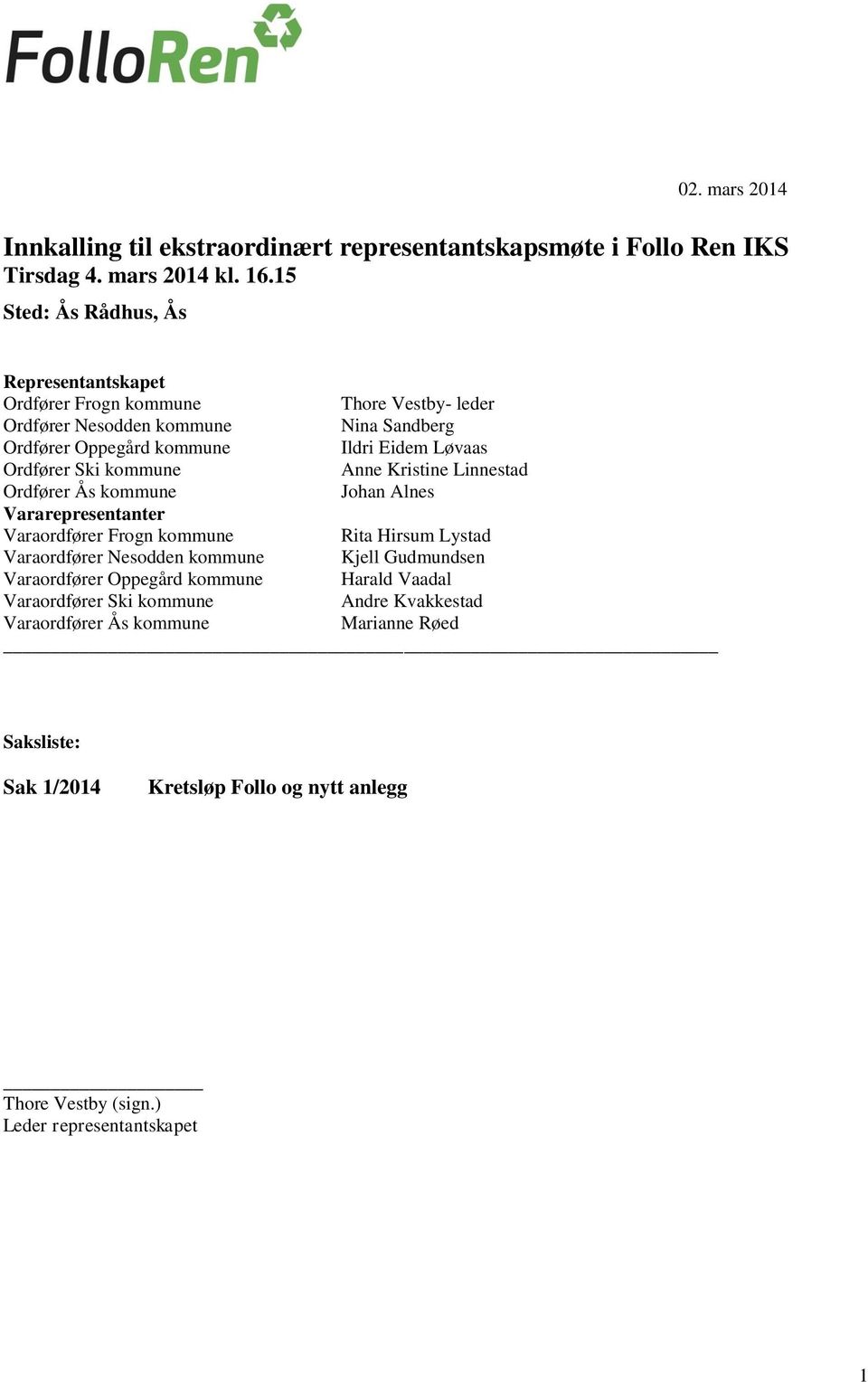 Ordfører Ski kommune Anne Kristine Linnestad Ordfører Ås kommune Johan Alnes Vararepresentanter Varaordfører Frogn kommune Rita Hirsum Lystad Varaordfører Nesodden kommune