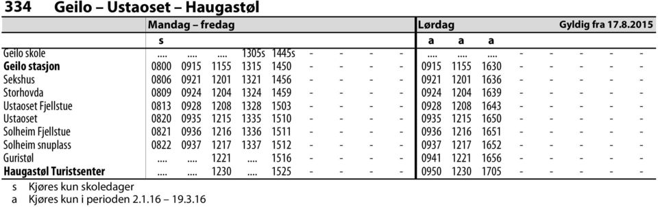 Ustaoset Fjellstue Ustaoset 0813 0820 0928 0935 1208 1215 1328 1335 1503 1510 0928 0935 1208 1215 1643 1650 Solheim Fjellstue 0821 0936 1216 1336 1511 0936 1216