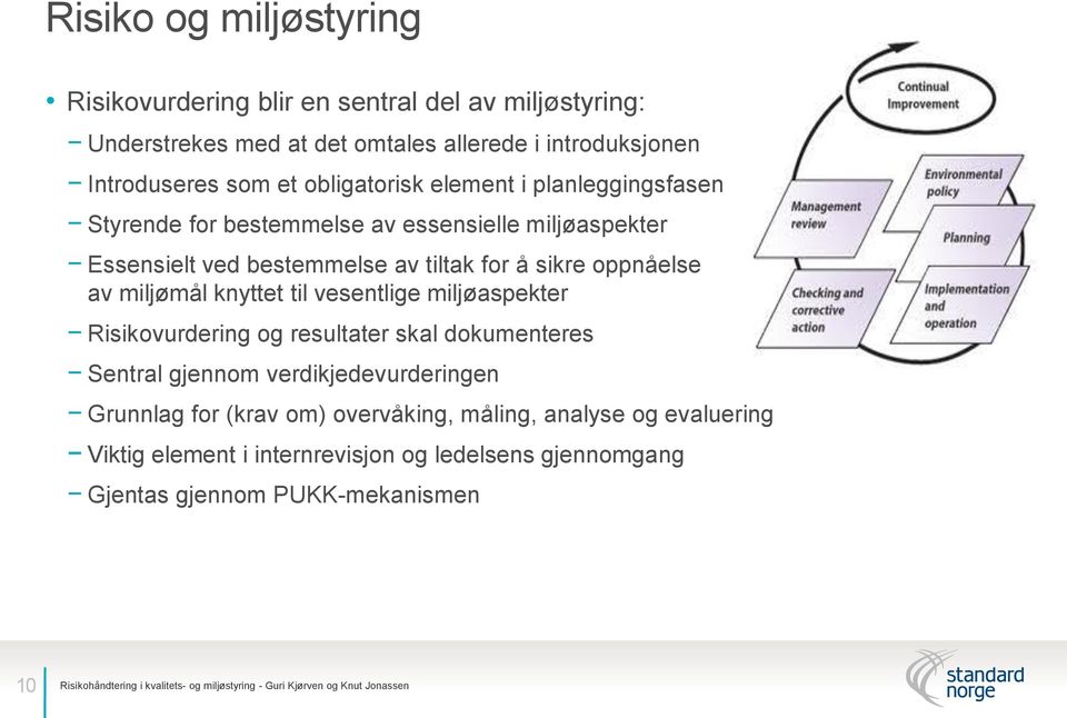 vesentlige miljøaspekter Risikovurdering og resultater skal dokumenteres Sentral gjennom verdikjedevurderingen Grunnlag for (krav om) overvåking, måling, analyse og