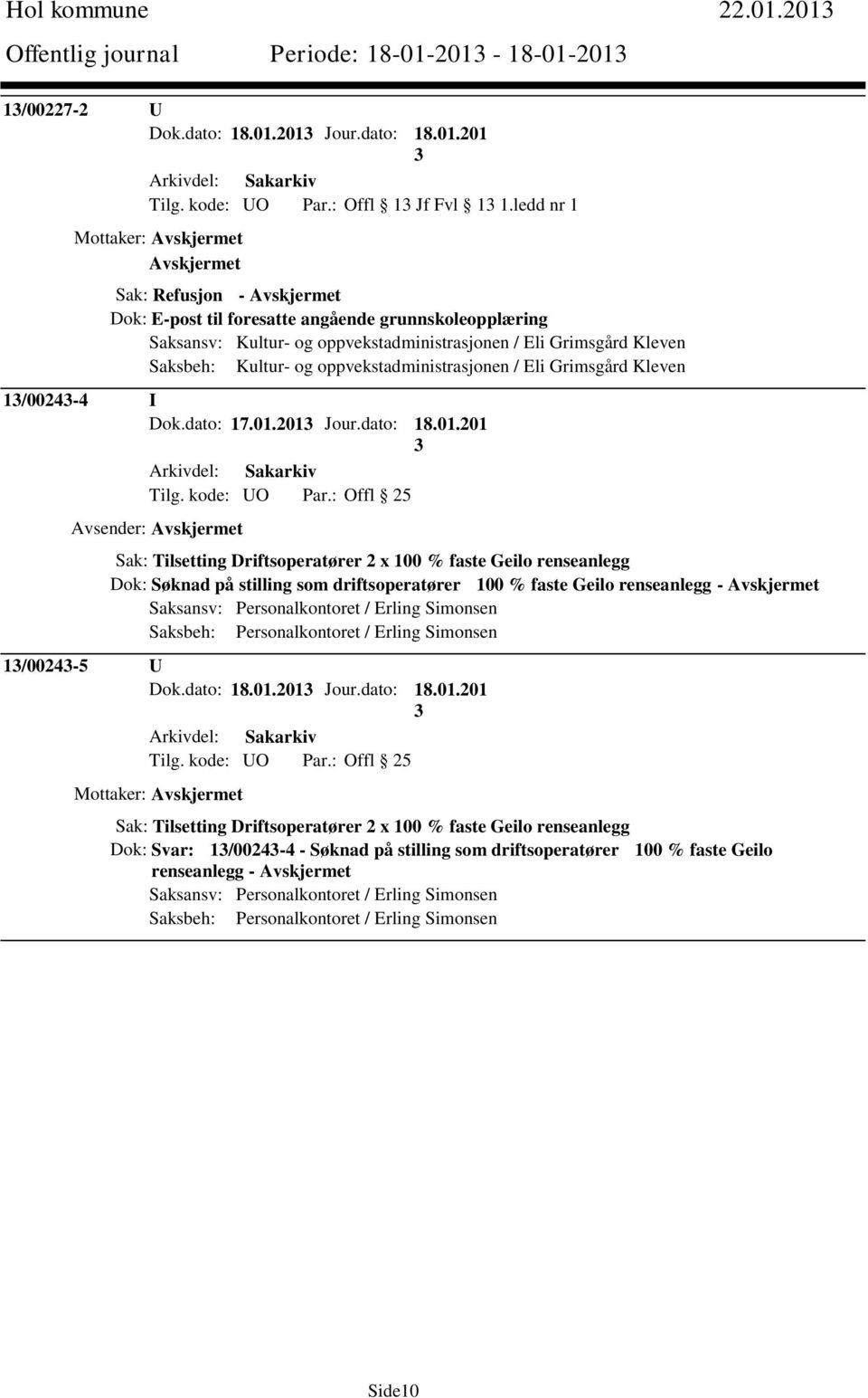 Saksbeh: Kultur- og oppvekstadministrasjonen / Eli Grimsgård Kleven 1/0024-4 I Dok.dato: 17.01.201 Jour.dato: 18.01.201 Tilg. kode: UO Par.