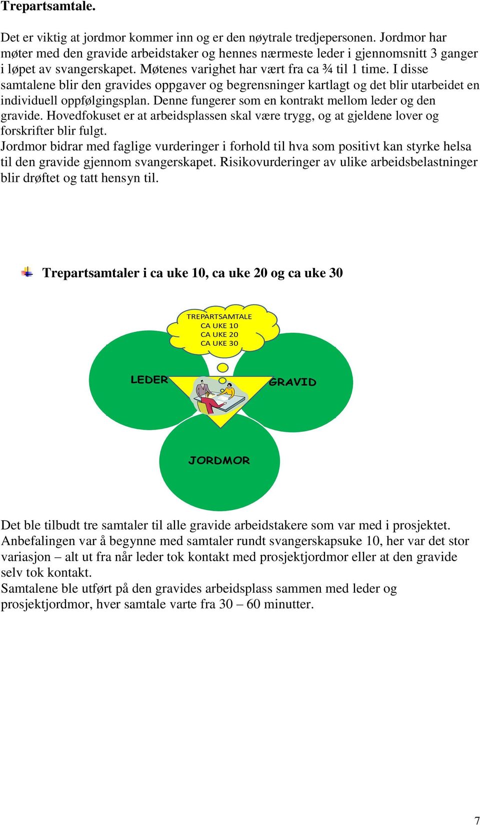 I disse samtalene blir den gravides oppgaver og begrensninger kartlagt og det blir utarbeidet en individuell oppfølgingsplan. Denne fungerer som en kontrakt mellom leder og den gravide.