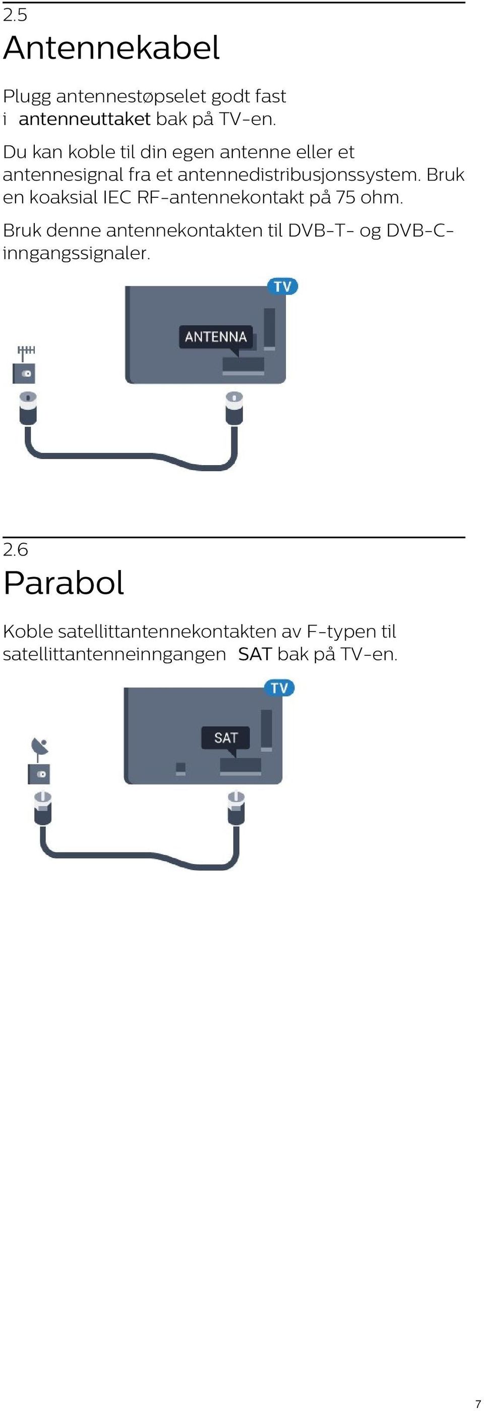 Bruk en koaksial IEC RF-antennekontakt på 75 ohm.