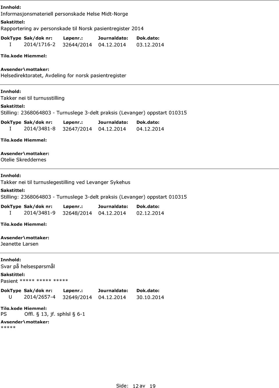 2014/3481-8 32647/2014 Otelie Skreddernes Takker nei til turnuslegestilling ved Levanger Sykehus Stilling: 2368064803 - Turnuslege 3-delt praksis