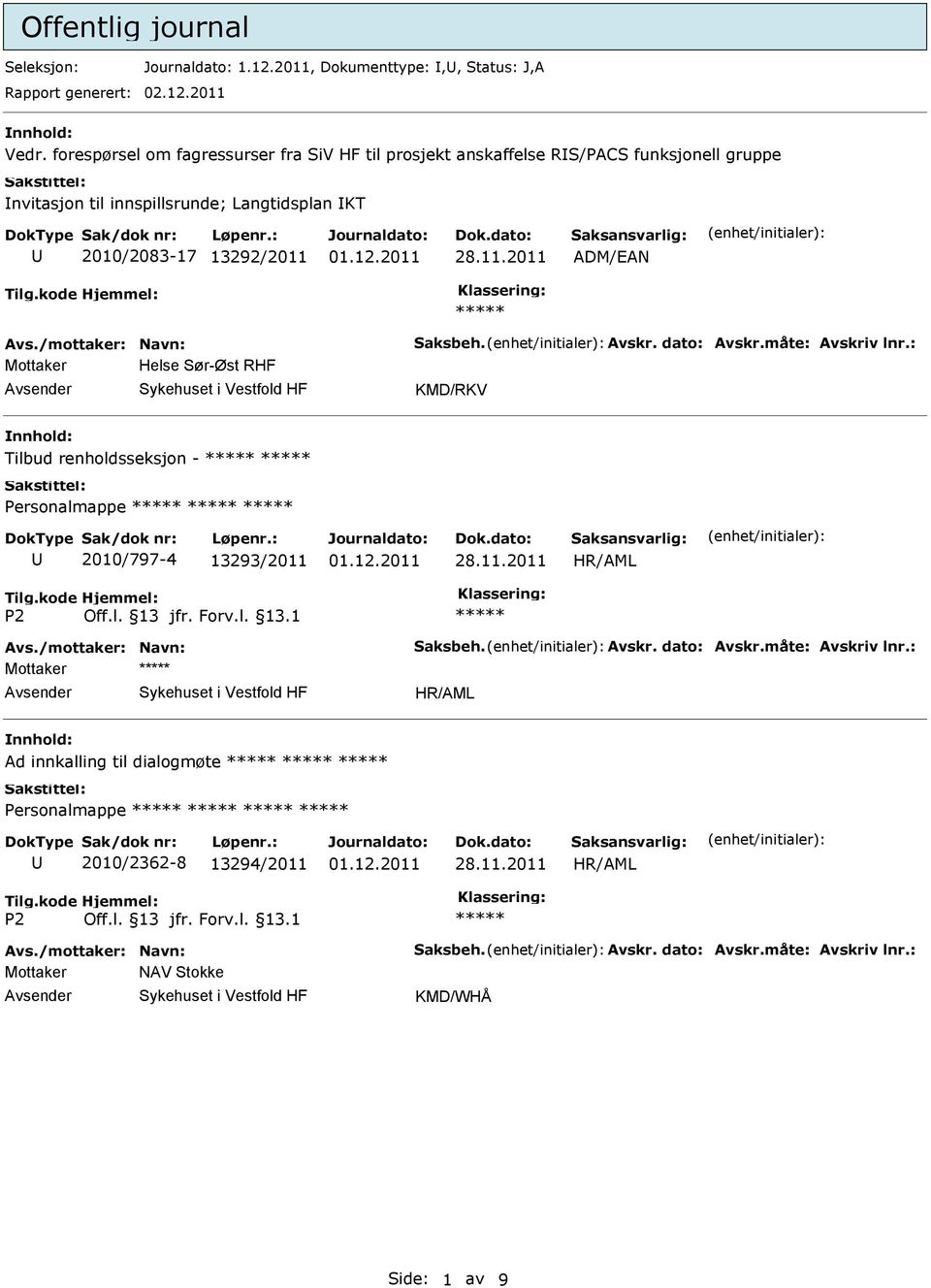 /mottaker: Navn: Saksbeh. Avskr. dato: Avskr.måte: Avskriv lnr.: Mottaker Helse Sør-Øst RHF KMD/RKV Tilbud renholdsseksjon - Personalmappe 2010/797-4 13293/2011 Avs.