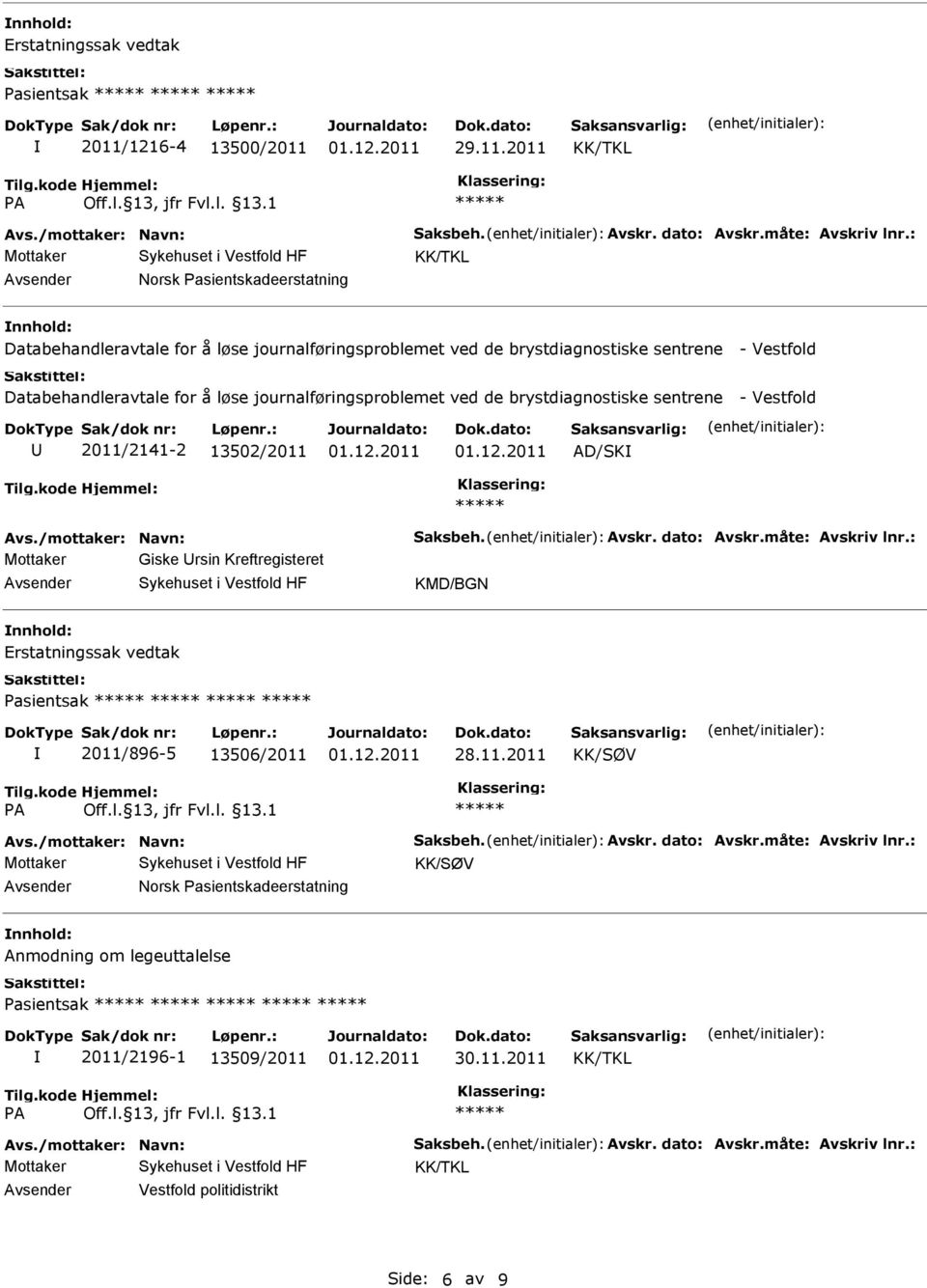 brystdiagnostiske sentrene - Vestfold 2011/2141-2 13502/2011 AD/SK Avs./mottaker: Navn: Saksbeh. Avskr. dato: Avskr.måte: Avskriv lnr.