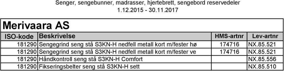 521 Sengegrind seng stå S3KN-H nedfell metall kort m/fester ve