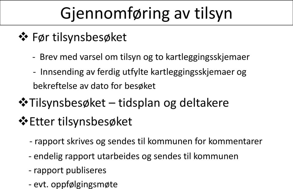 Tilsynsbesøket tidsplan og deltakere Etter tilsynsbesøket - rapport skrives og sendes til kommunen