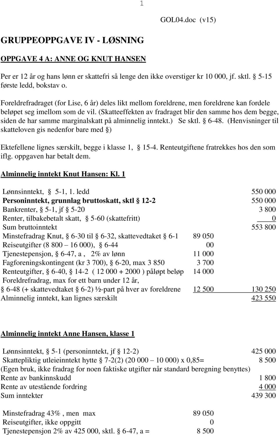 (Skatteeffekten av fradraget blir den samme hos dem begge, siden de har samme marginalskatt på alminnelig inntekt.) Se sktl. 6-48.