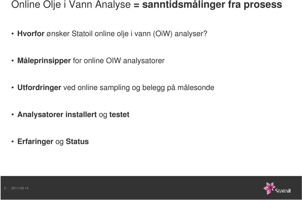 Måleprinsipper for online OIW analysatorer Utfordringer ved online