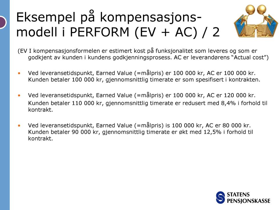 Kunden betaler 100 000 kr, gjennomsnittlig timerate er som spesifisert i kontrakten. Ved leveransetidspunkt, Earned Value (=målpris) er 100 000 kr, AC er 120 000 kr.