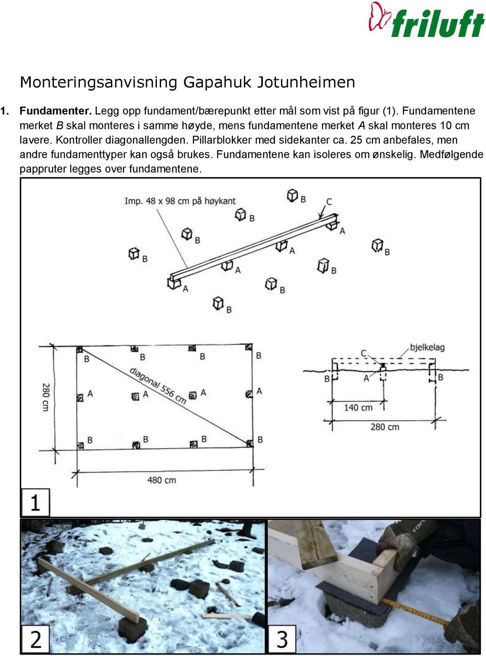 Fundamentene merket B skal monteres i samme høyde, mens fundamentene merket A skal monteres 10 cm lavere.