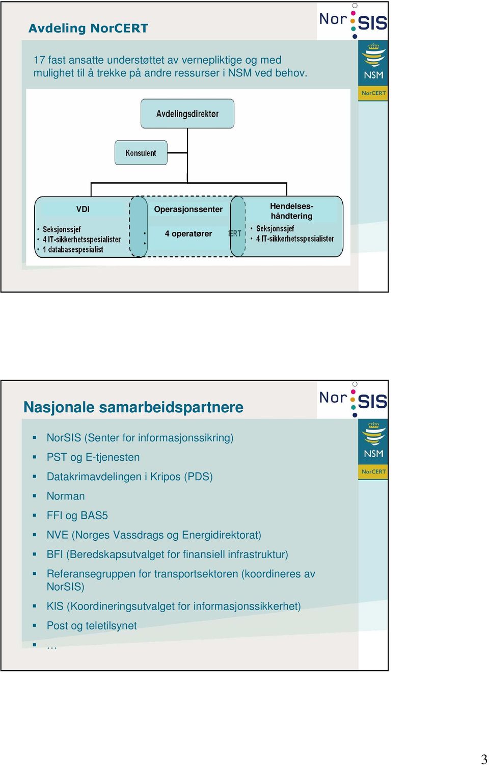 E-tjenesten Datakrimavdelingen i Kripos (PDS) Norman FFI og BAS5 NVE (Norges Vassdrags og Energidirektorat) BFI (Beredskapsutvalget for