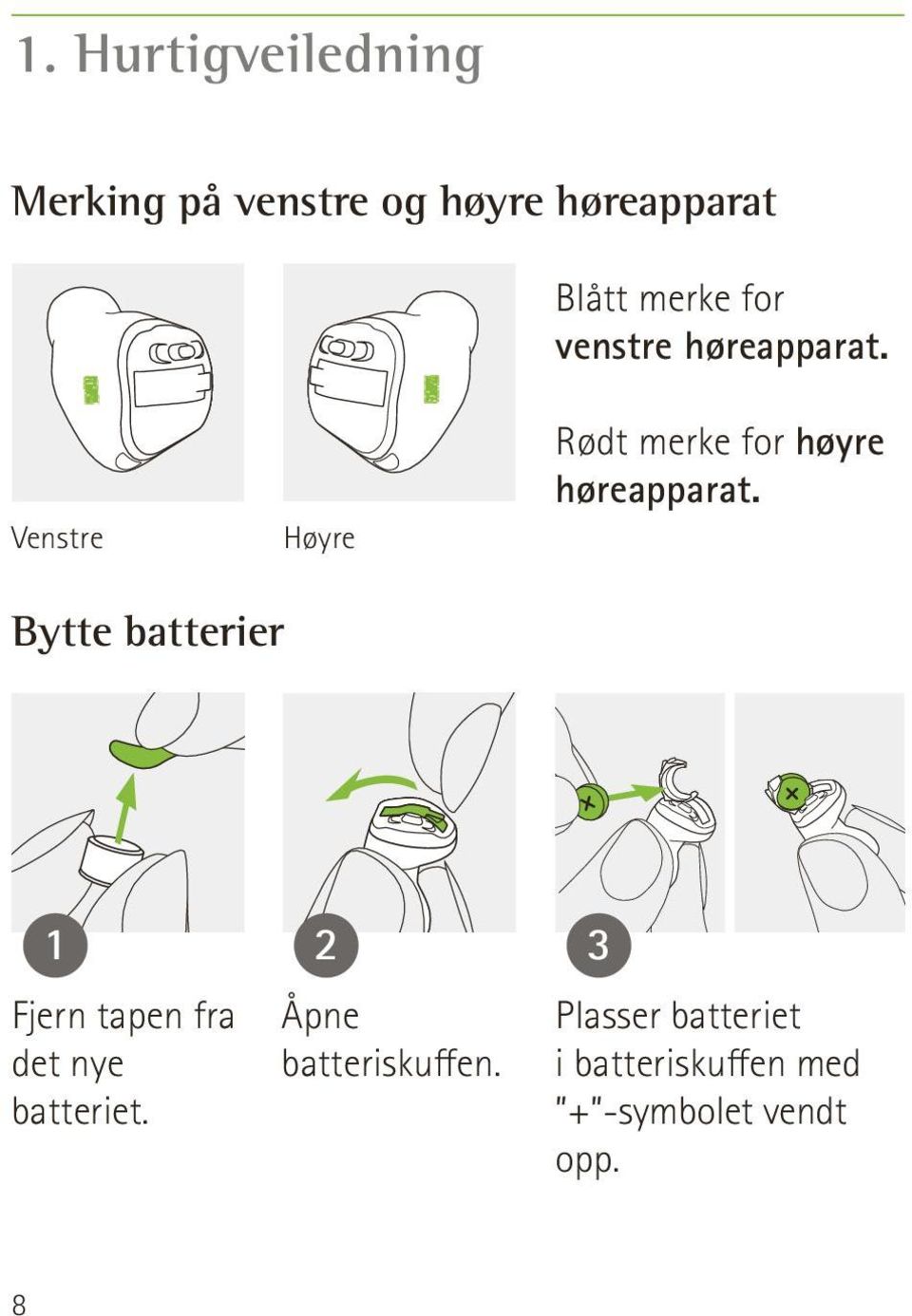 Venstre Høyre Bytte batterier 1 Fjern tapen fra det nye batteriet.