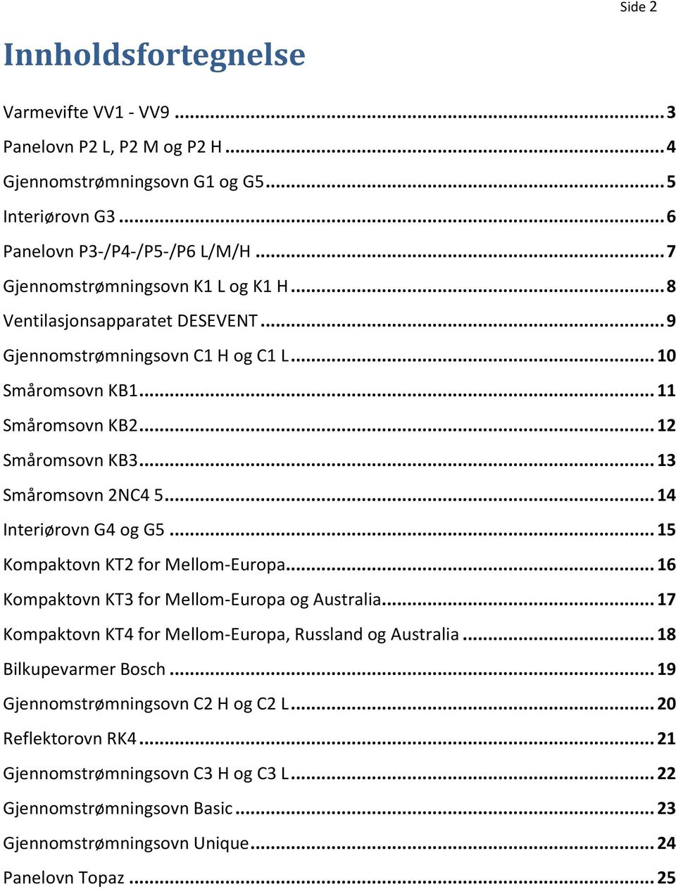 .. 13 Småromsovn 2NC4 5... 14 Interiørovn G4 og G5... 15 Kompaktovn KT2 for Mellom-Europa... 16 Kompaktovn KT3 for Mellom-Europa og Australia.