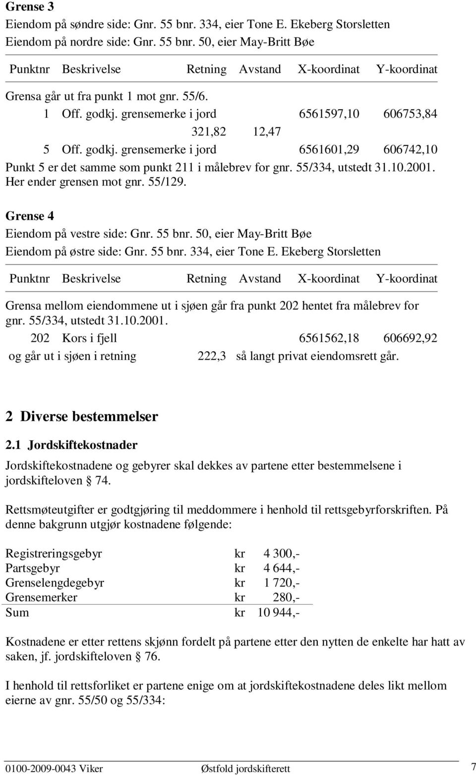 55/334, utstedt 31.10.2001. Her ender grensen mot gnr. 55/129. Grense 4 Eiendom på vestre side: Gnr. 55 bnr. 50, eier May-Britt Bøe Eiendom på østre side: Gnr. 55 bnr. 334, eier Tone E.