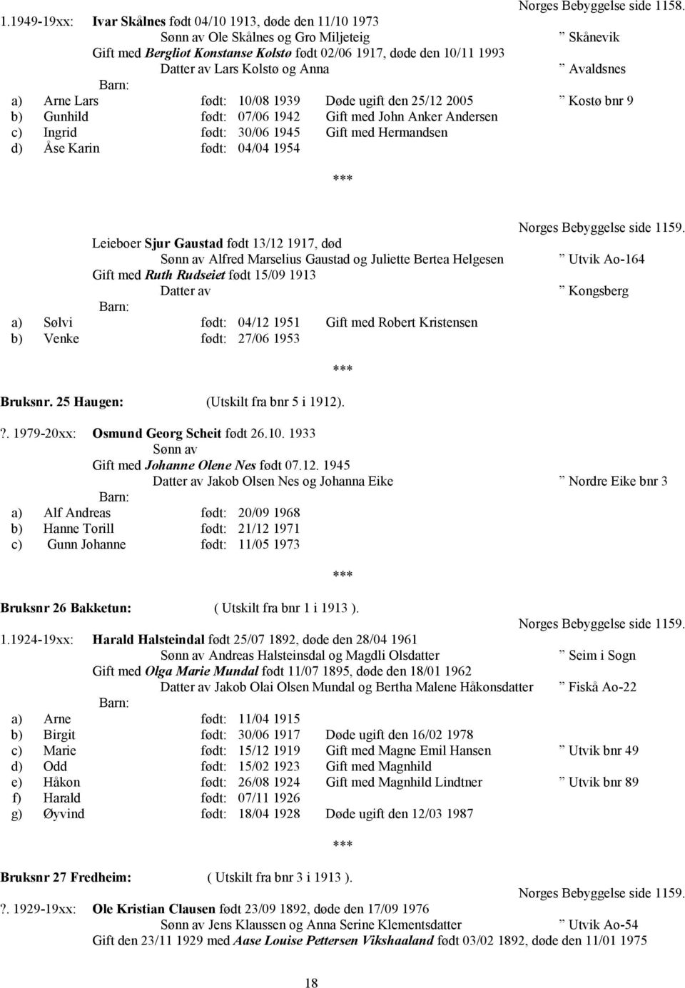 1949-19xx: Ivar Skålnes født 04/10 1913, døde den 11/10 1973 Sønn av Ole Skålnes og Gro Miljeteig Skånevik Gift med Bergliot Konstanse Kolstø født 02/06 1917, døde den 10/11 1993 Lars Kolstø og Anna