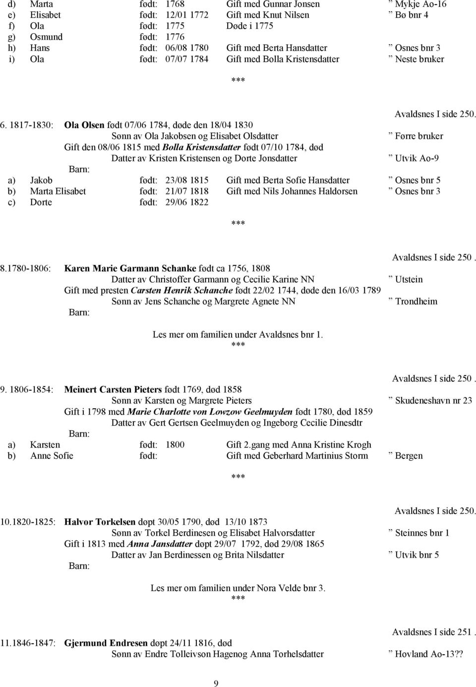 1817-1830: Ola Olsen født 07/06 1784, døde den 18/04 1830 Sønn av Ola Jakobsen og Elisabet Olsdatter Førre bruker Gift den 08/06 1815 med Bolla Kristensdatter født 07/10 1784, død Kristen Kristensen