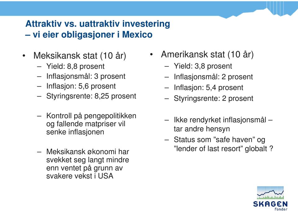 prosent Styringsrente: 8,25 prosent Kontroll på pengepolitikken og fallende matpriser vil senke inflasjonen Meksikansk økonomi har svekket