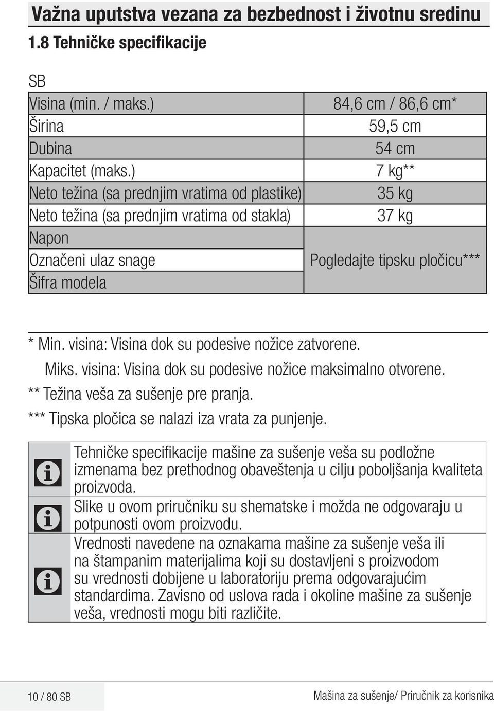 tipsku pločicu*** * Min. visina: Visina dok su podesive nožice zatvorene. Miks. visina: Visina dok su podesive nožice maksimalno otvorene. ** Težina veša za sušenje pre pranja.