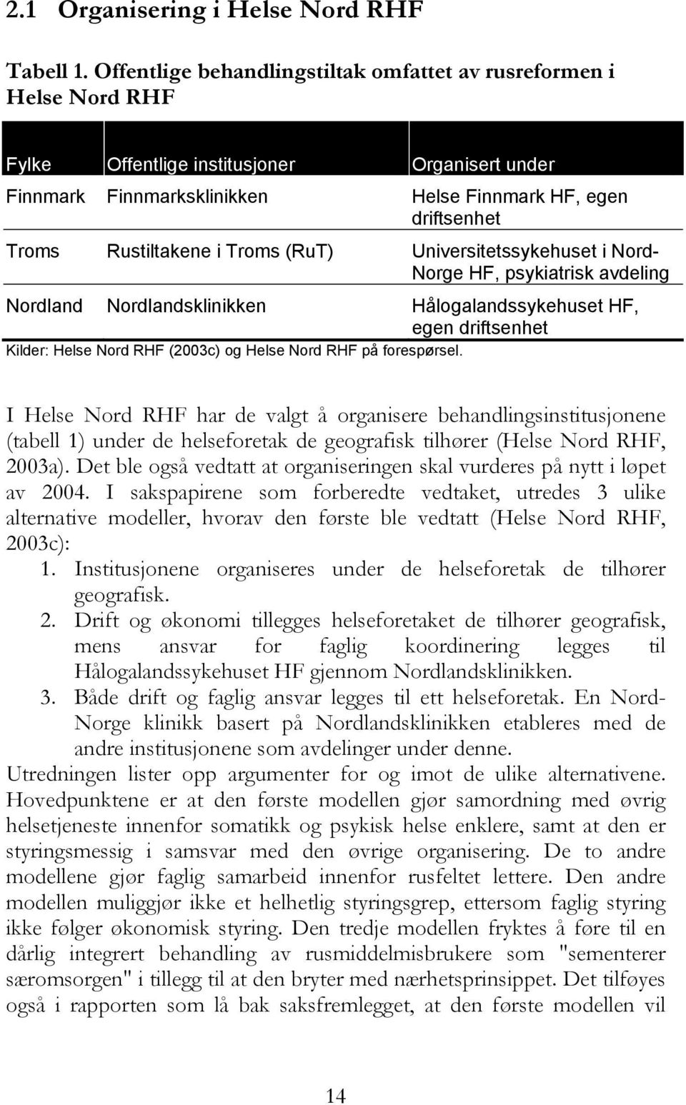 Rustiltakene i Troms (RuT) Universitetssykehuset i Nord- Norge HF, psykiatrisk avdeling Nordland Nordlandsklinikken Hålogalandssykehuset HF, egen driftsenhet Kilder: Helse Nord RHF (2003c) og Helse