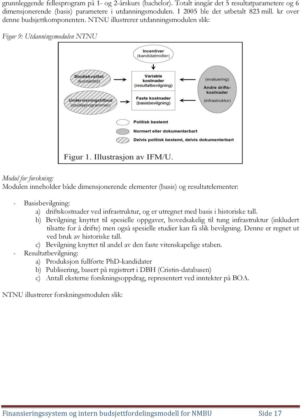 NTNU illustrerer utdanningsmodulen slik: Figur 9: Utdanningsmodulen NTNU Modul for forskning: Modulen inneholder både dimensjonerende elementer (basis) og resultatelementer: - Basisbevilgning: a)