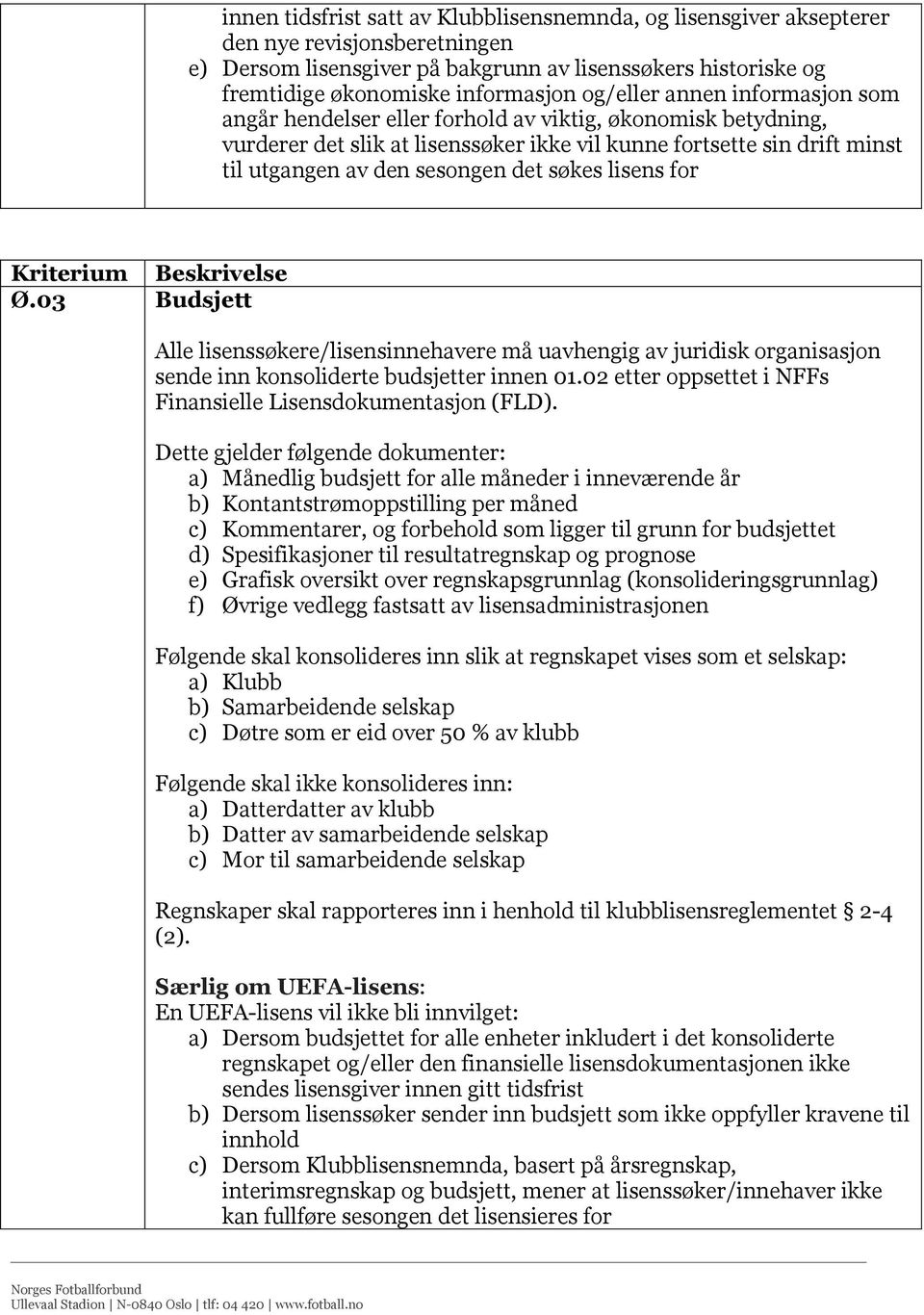 søkes lisens for Ø.03 Budsjett Alle lisenssøkere/lisensinnehavere må uavhengig av juridisk organisasjon sende inn konsoliderte budsjetter innen 01.