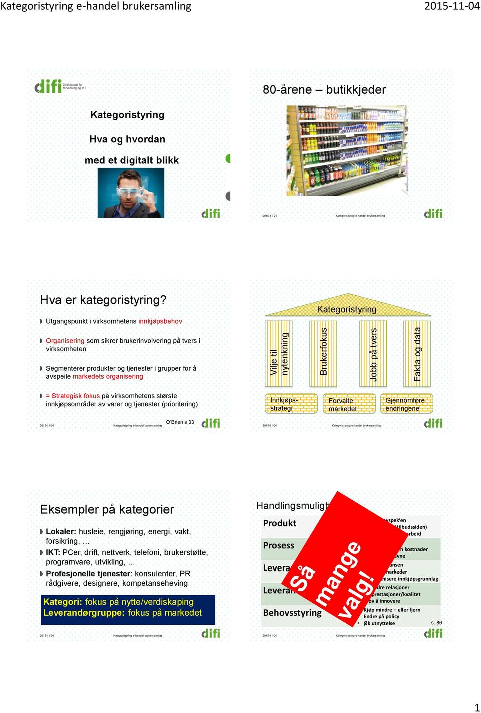 = fokus på virksomhetens største innkjøpsområder av varer og tjenester (prioritering) Innkjøpsstrategi Forvalte markedet Gjennomføre endringene O Brien s 33 Eksempler på kategorier Lokaler: husleie,