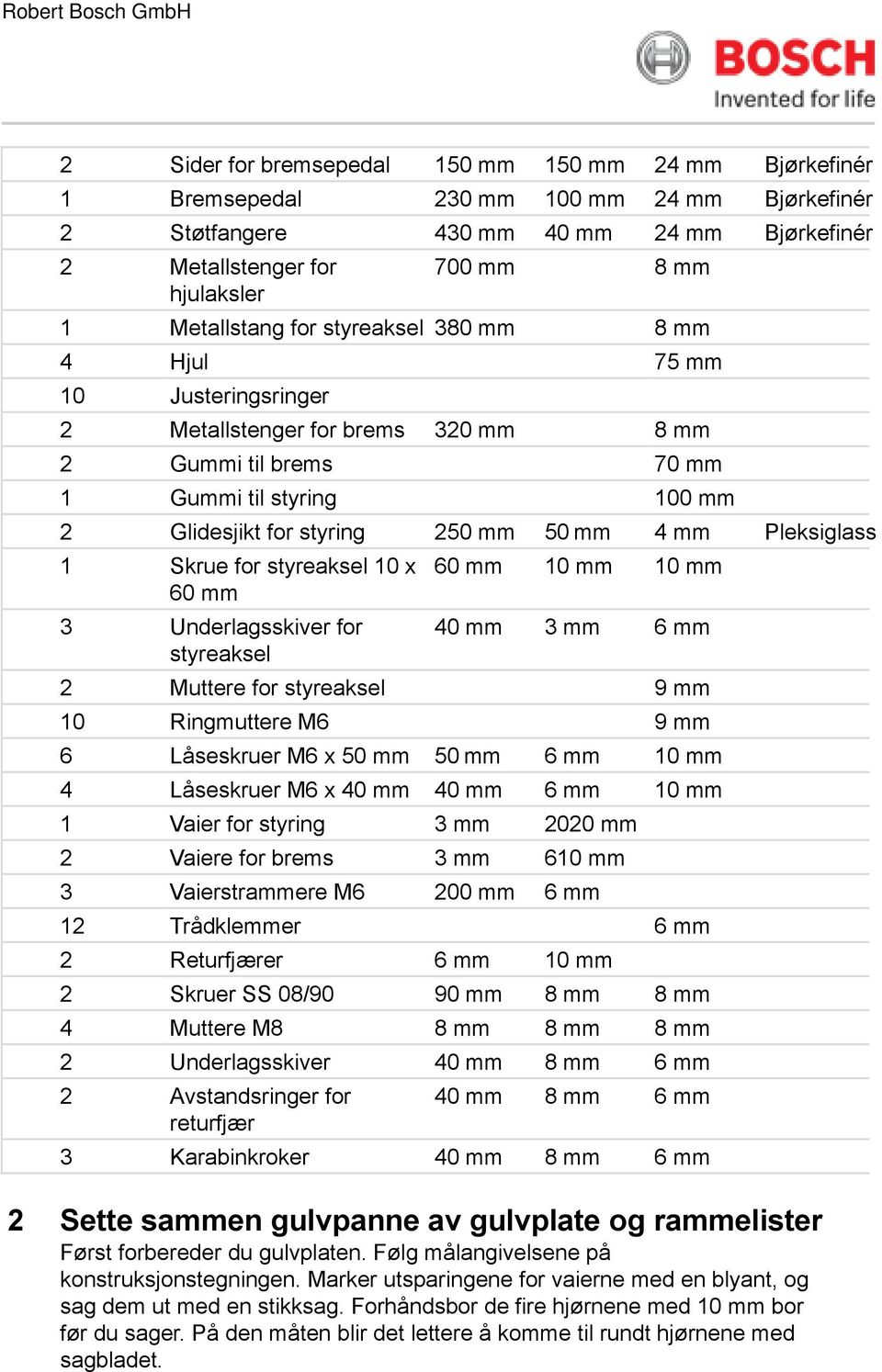 4 mm Pleksiglass 1 Skrue for styreaksel 10 x 60 mm 3 Underlagsskiver for styreaksel 60 mm 10 mm 10 mm 40 mm 3 mm 6 mm 2 Muttere for styreaksel 9 mm 10 Ringmuttere M6 9 mm 6 Låseskruer M6 x 50 mm 50