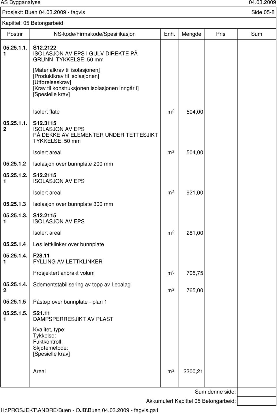 flate m 2 504,00 05.25.1.1. 2 S12.3115 ISOLASJON AV EPS PÅ DEKKE AV ELEMENTER UNDER TETTESJIKT TYKKELSE: 50 mm Isolert areal m 2 504,00 05.25.1.2 Isolasjon over bunnplate 200 mm 05.25.1.2. 1 S12.