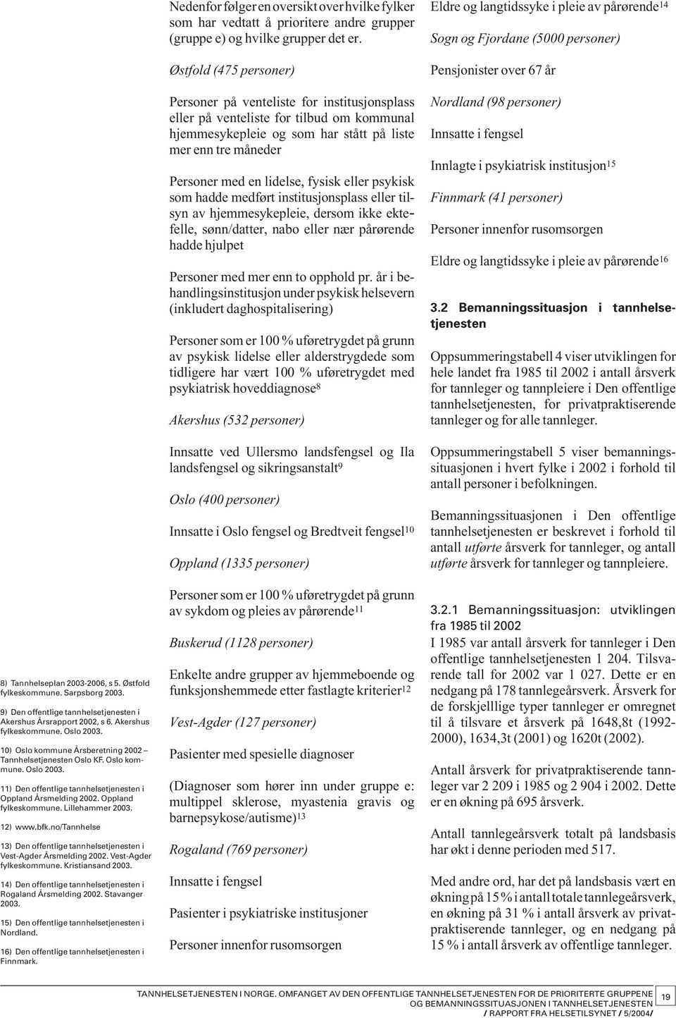 12) www.bfk.no/tannhelse 13) Den offentlige tannhelsetjenesten i Vest-Agder Årsmelding 2002. Vest-Agder fylkeskommune. Kristiansand 2003.