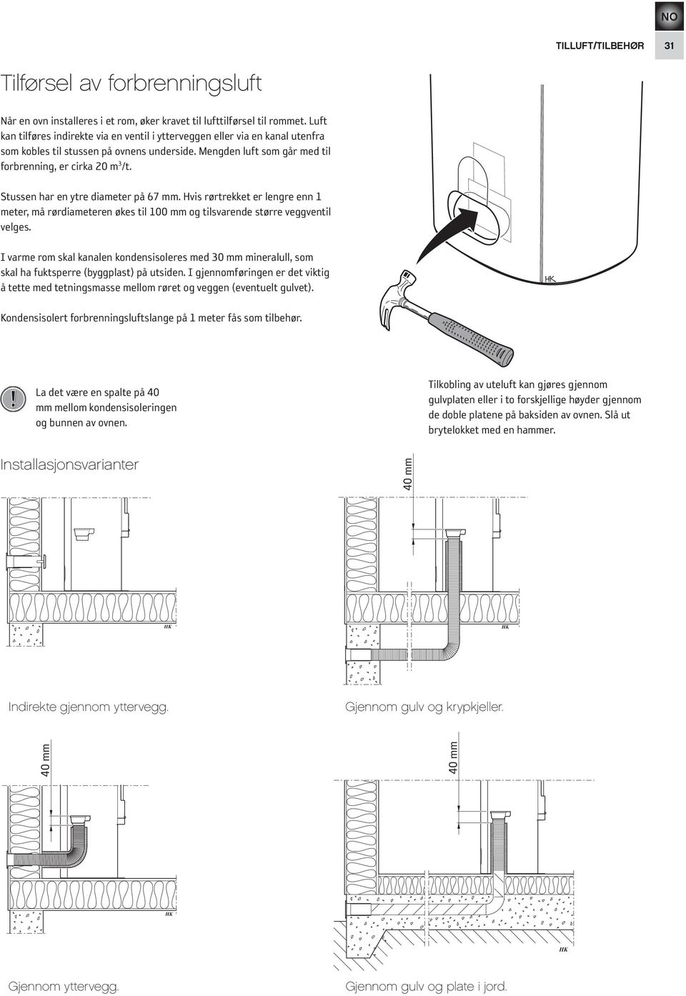 Stussen har en ytre diameter på 67 mm. Hvis rørtrekket er lengre enn 1 meter, må rørdiameteren økes til 100 mm og tilsvarende større veggventil velges.