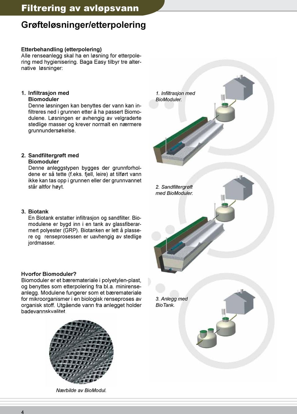 Løsningen er avhengig av velgraderte stedlige masser og krever normalt en nærmere grunnundersøkelse. 1. Infiltrasjon med BioModuler. 2.