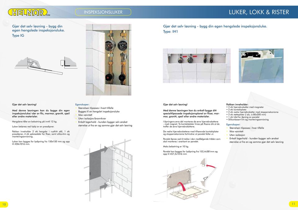 Luken betjenes ved hjelp av en pressåpner. Pakken inneholder 2 stk hengsler i rustfritt stål, 1 stk pressåpner, 4 stk spleisedeler for fliser, samt silikonlim og monteringsanvisning.