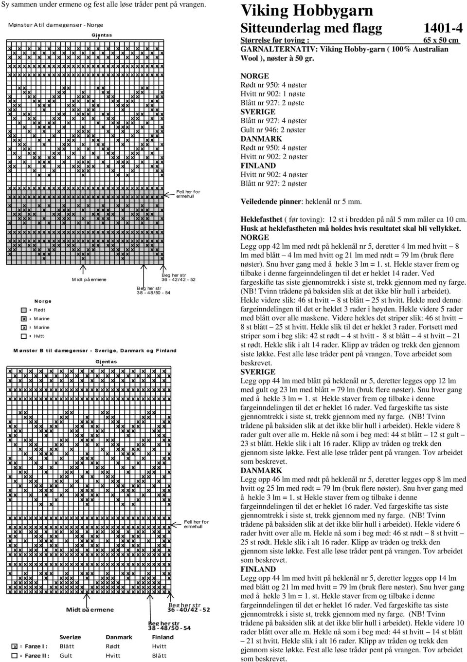 - Sverige, D anmark og Finland Gjent as Fell her for ermehull Beg her str Midt på ermene 36-40/42-52 Beg her str 38-48/50-54 Sverige Danmark Finland = Farge I : Blått Rødt Hvitt = Farge II : Gult